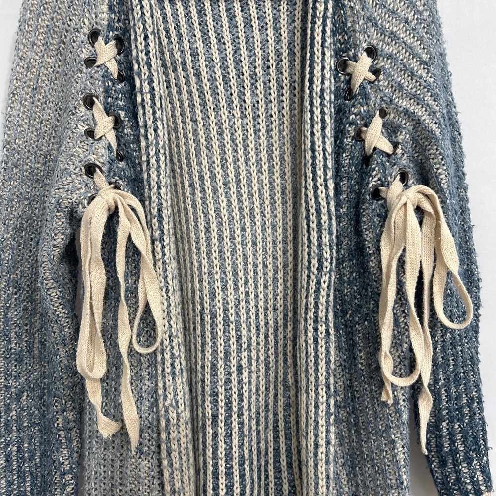 Kloth & Clover Blue Cream Marled Hooded Longline Cardigan Lace Up Small